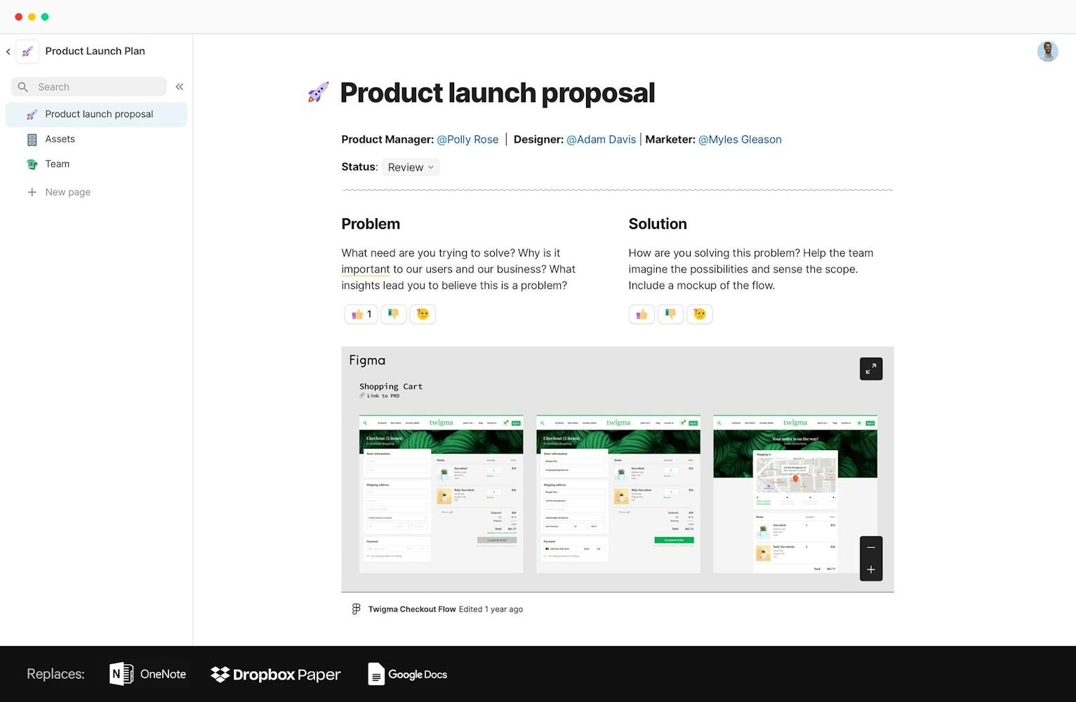 A product launch proposal in Coda - problem statement, solution statement, and an embedded Figma design doc.
