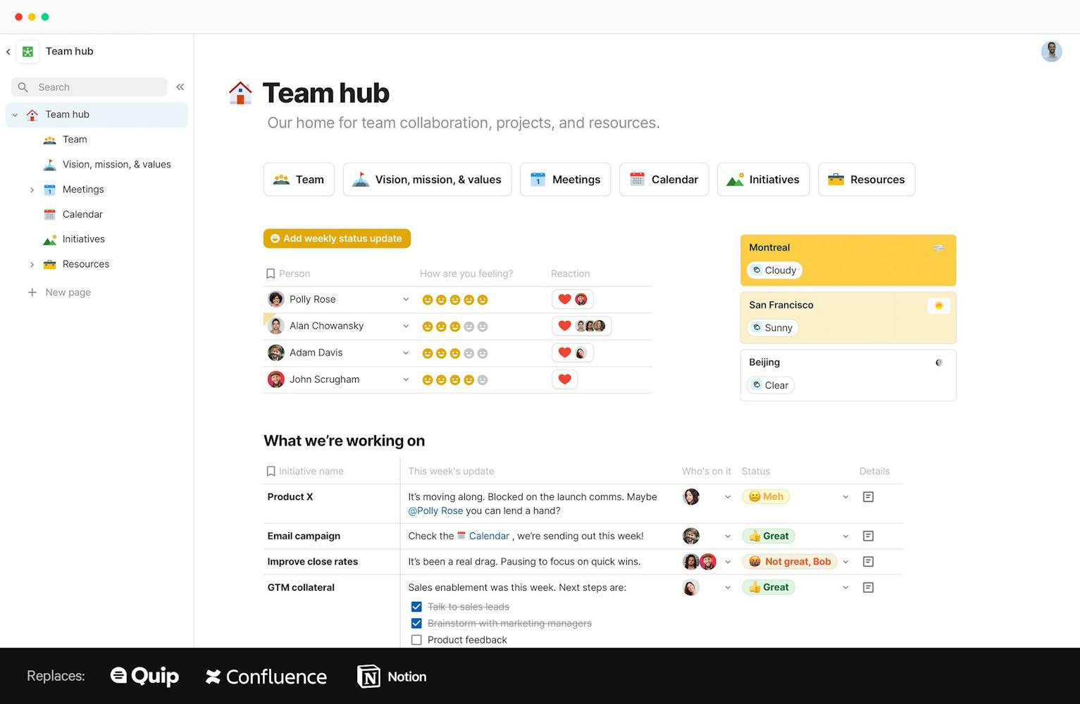 A Team Hub in Coda - includes a list of teammates and details for projects the team is working on.