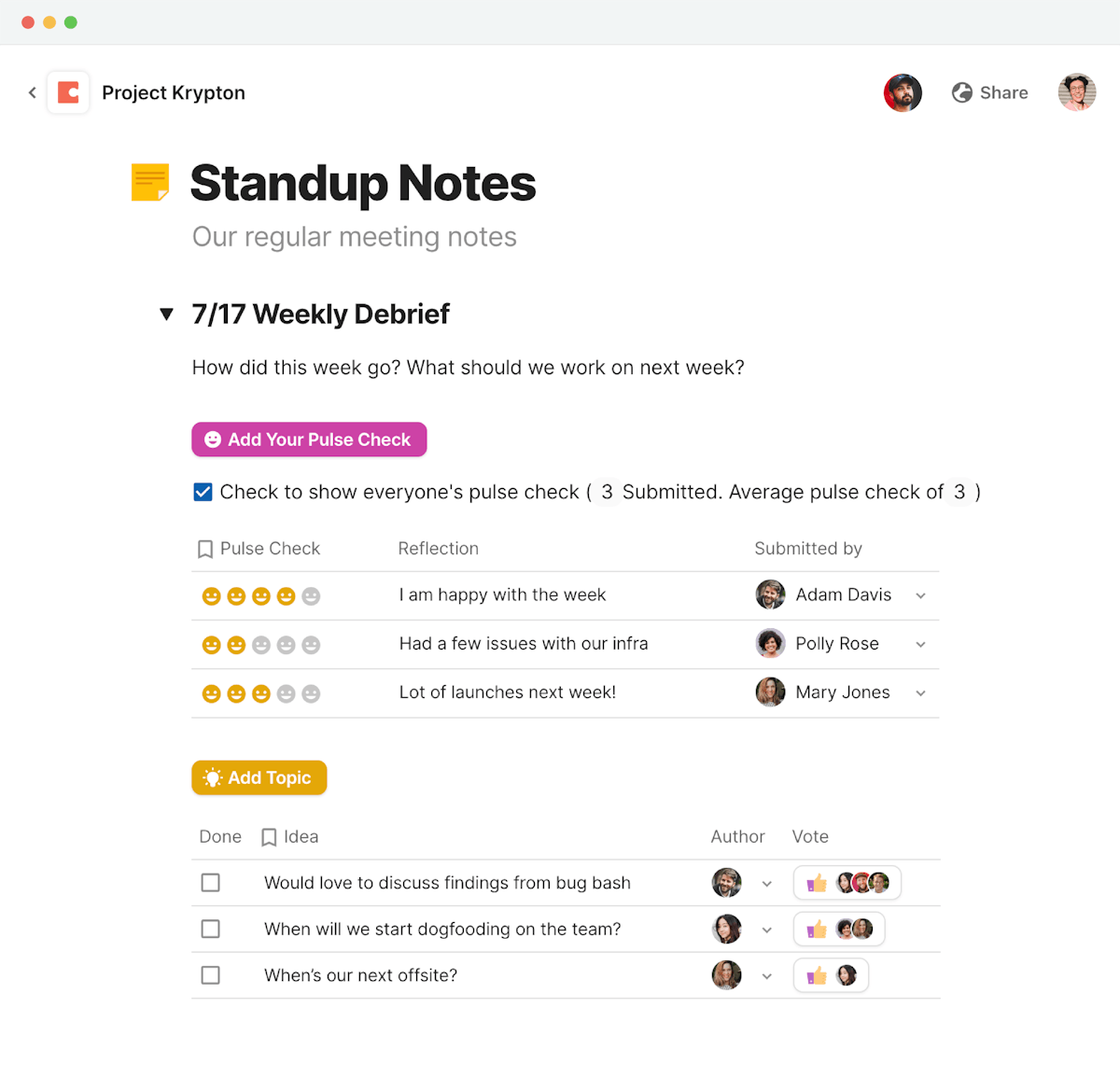 Standup meeting notes - meeting notes in Coda with team reflections, ideas, and votes.